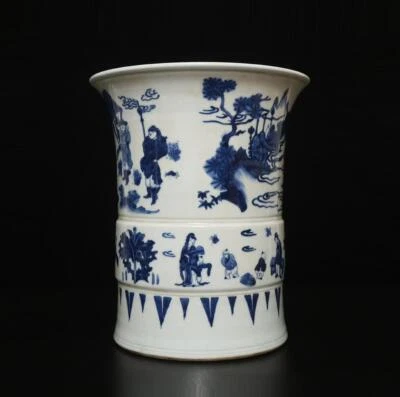26.5CM Old Antique Chinese Blue & White Porcelain Brush Pot w/ figure