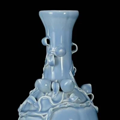 32CM Qianlong Signed Old Chinese Blue Glaze Vase W/peach
