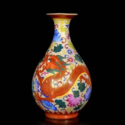 Qianlong Signed Pair Old Chinese Colour Enamel Vase W/dragon N3732