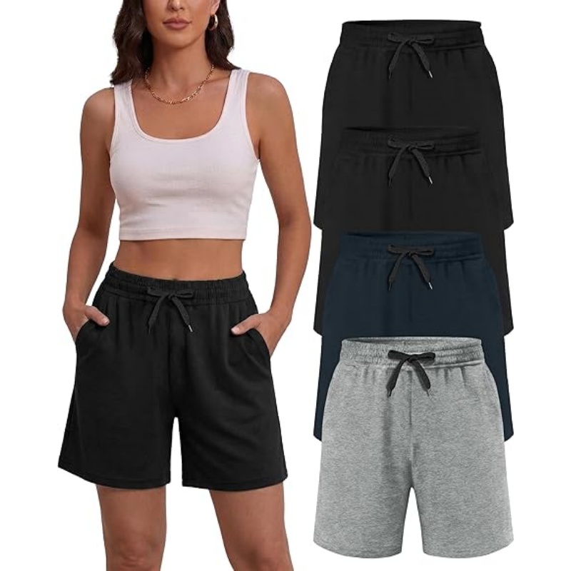 4 Pack Women's Summer Sweat Shorts Cotton Drawstring with Pockets