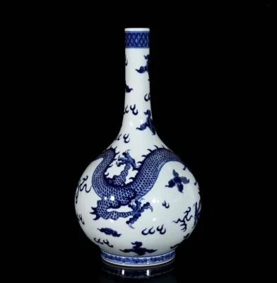 35CM Qianlong Singed Old Chinese Blue and White Vase W/ dragon N3087
