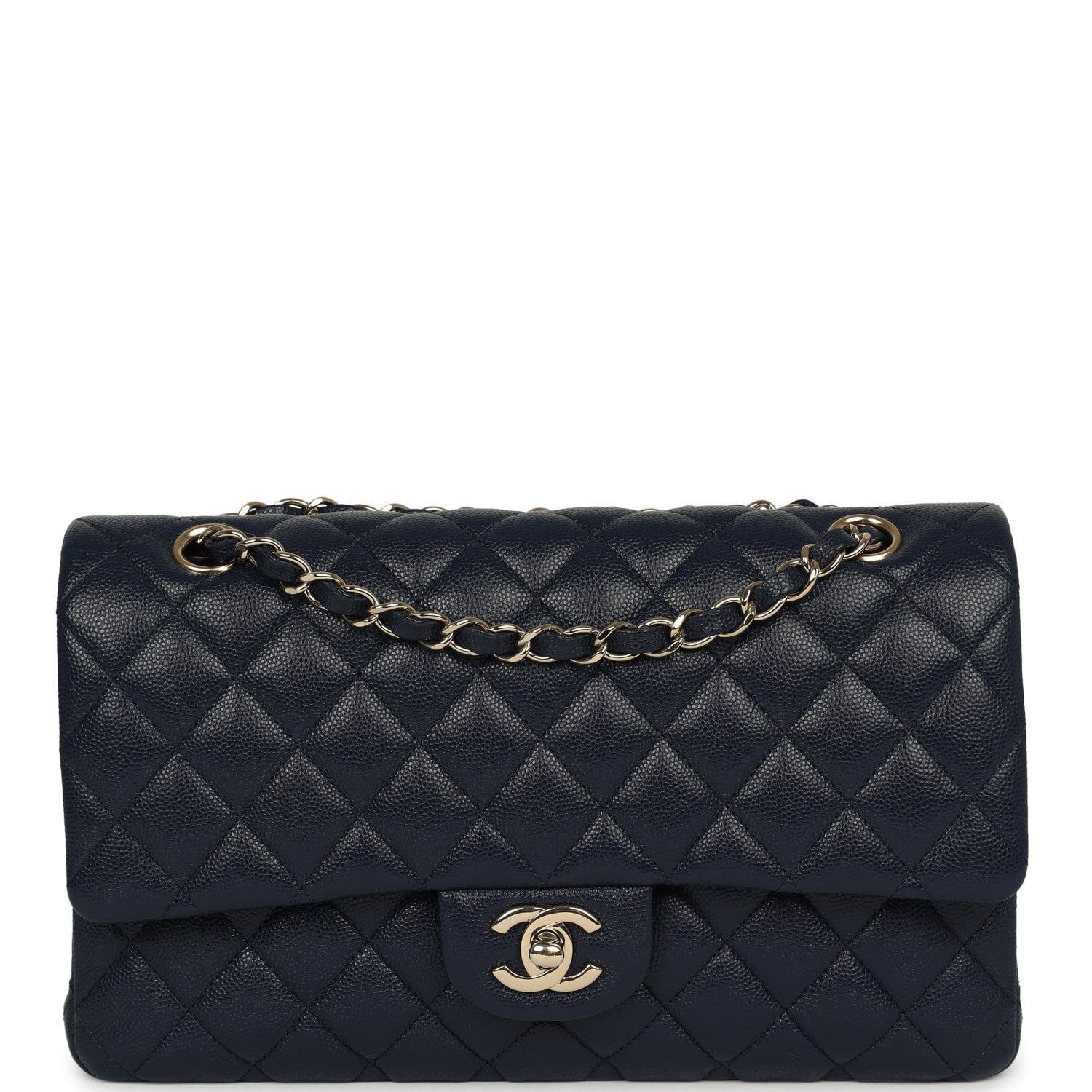 CHANEL Medium Classic Double Flap Bag Navy Blue Shiny Caviar Light Gold Hardware