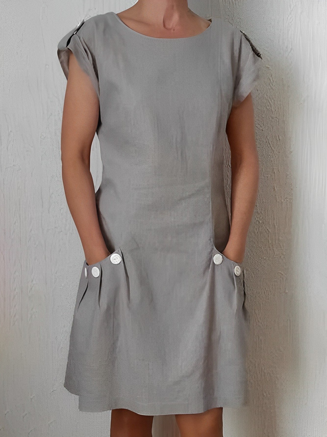 Summer Pockets Buttoned-decor Zipper Back Shift Linen Dresses