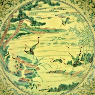 42CM Old Chinese Three Colors Dish w/crane N3168