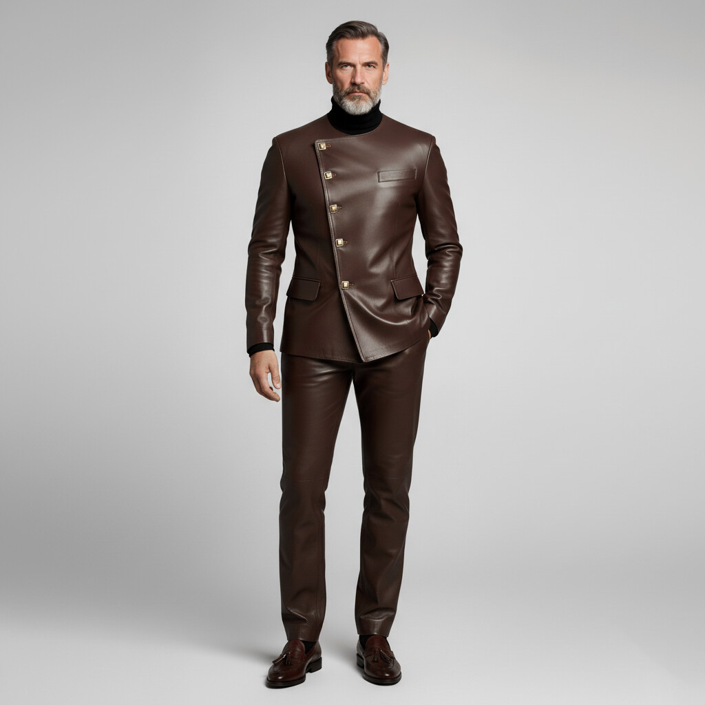 Men's Business Brown Round Neck Long Sleeve Asymmetrical Button PU Leather Jacket