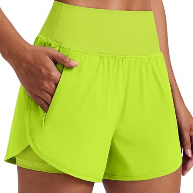 Women's 2 in 1 High Waisted Athletic Running Shorts 2 Zip Pockets