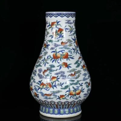 35CM Yongzheng Signed Old Chinese Doucai Vase W/bat N3215