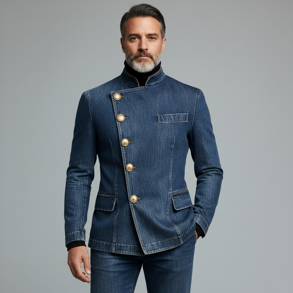 Men's Blue Stand Collar Asymmetrical Button Long Sleeve Denim Jacket