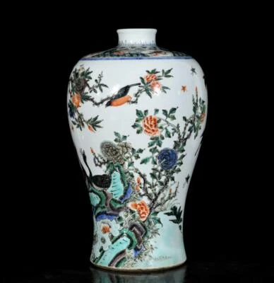 34CM Kangxi Signed Old Chinese Five Color Wucai Vase W/peacock N3458