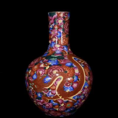 41CM Qianlong Signed Old Chinese Wucai Gilding Vase W/dragon N411