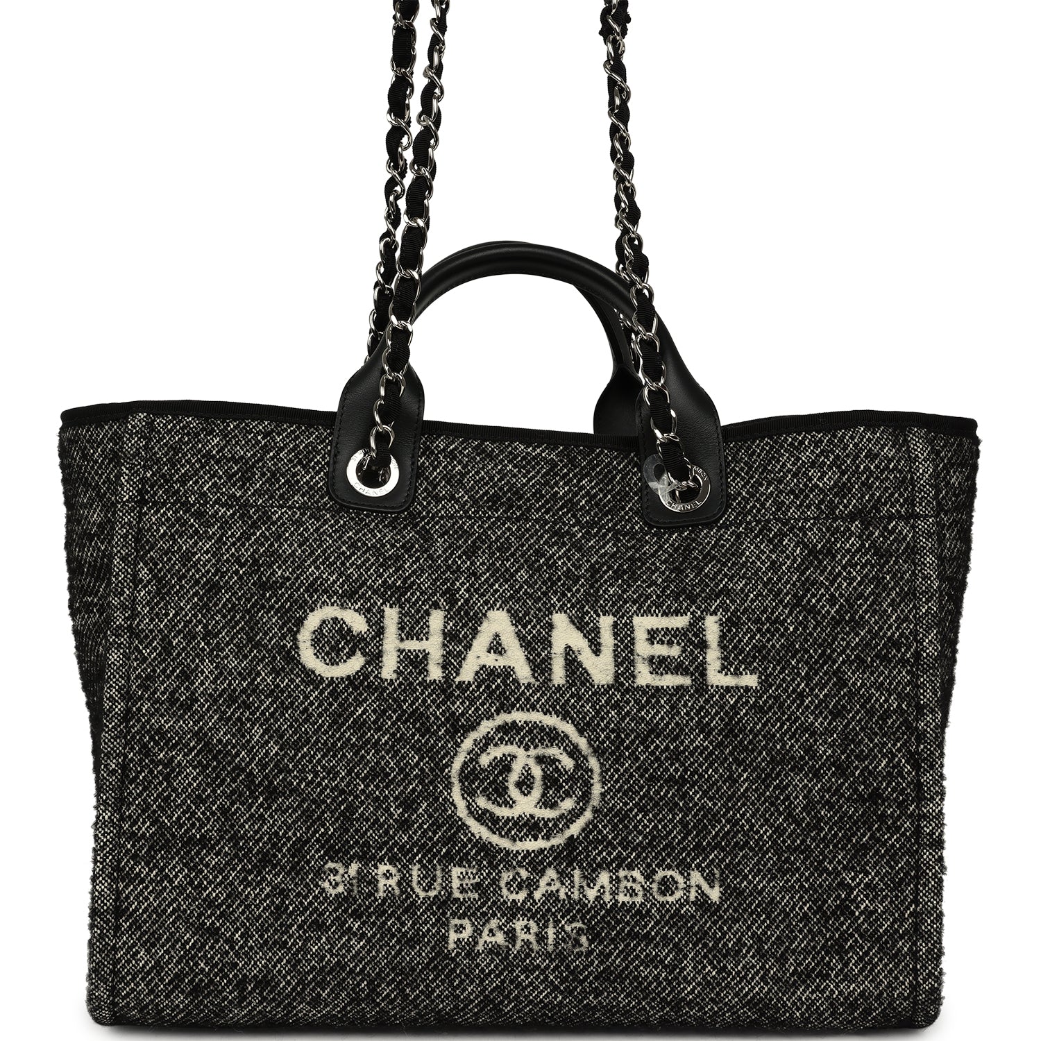 Chanel Medium Deauville Shopping Tote Black, White Wool, Leather Silver Hardware