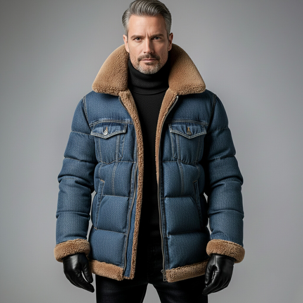 Men's Blue Shearling-Lined Turndown Collar Long Sleeve Utility Pockets Zipper Denim Puffer Jackets