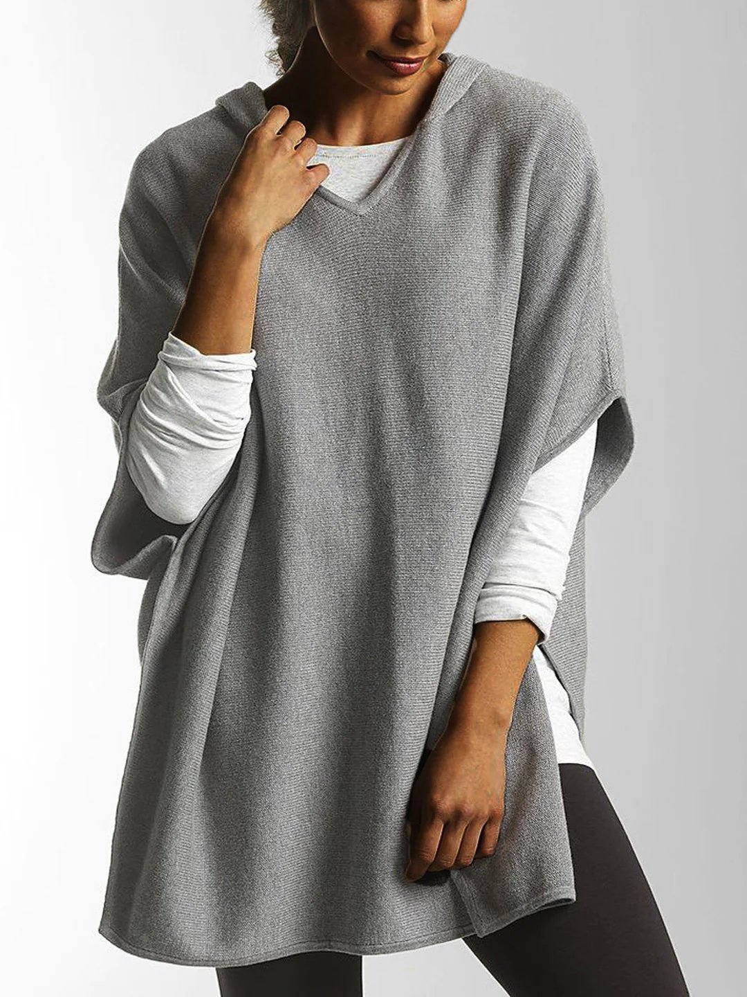 V Tie Hood Half Sleeve Side Slit Cropped Sweater