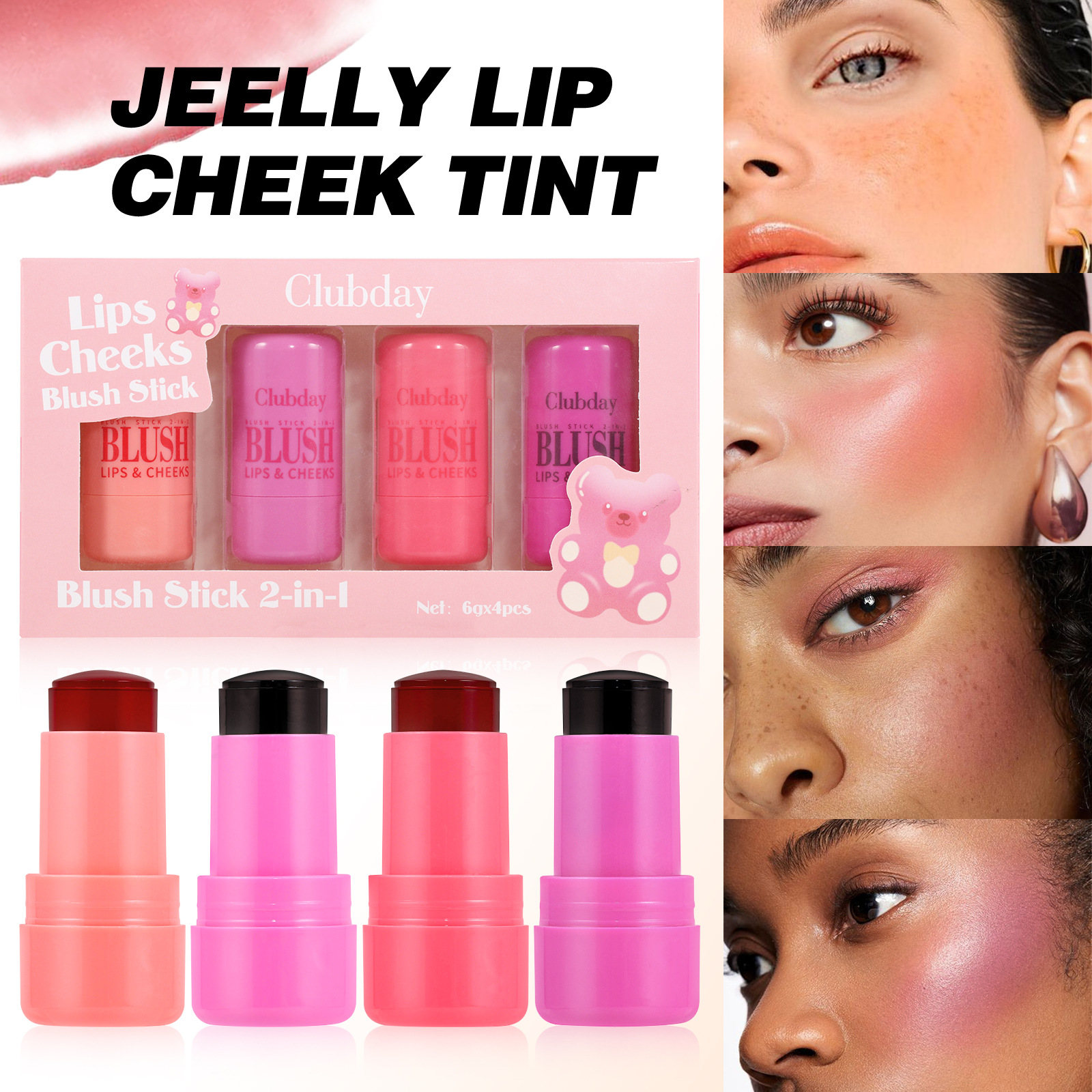Clubday Vegan Tinted Moisture Stick Jelly Tint Lip Cheek Blush Moisturizer Soft Lightweight Rose Stain Jelly Tint Blush 4 Pcs