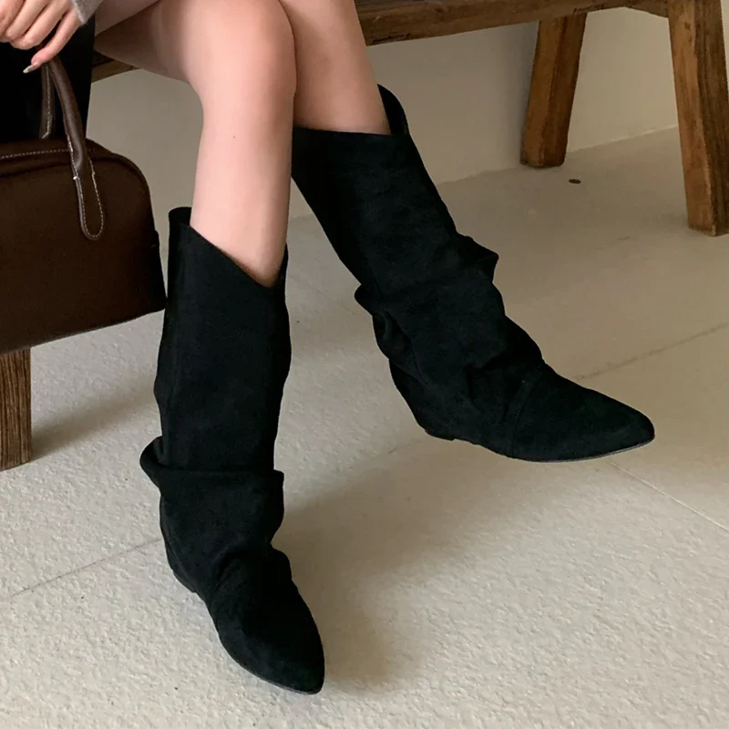 Flats Women High Boots Suede Pointed Toe Designer Shoes Winter Luxury Dress