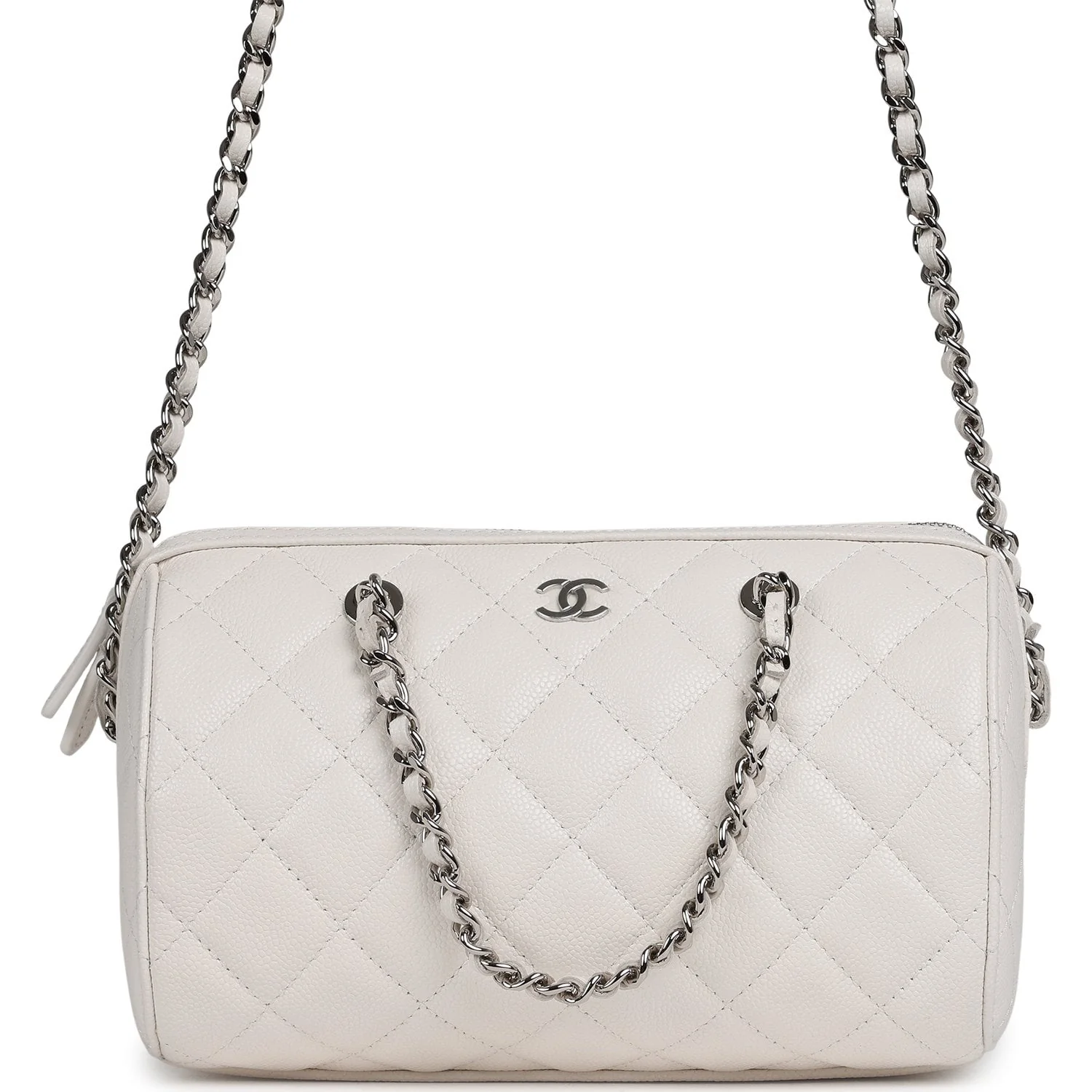Chanel Mini Timeless Classic Barrel Bag with Chain White Shiny Caviar Silver Hardware