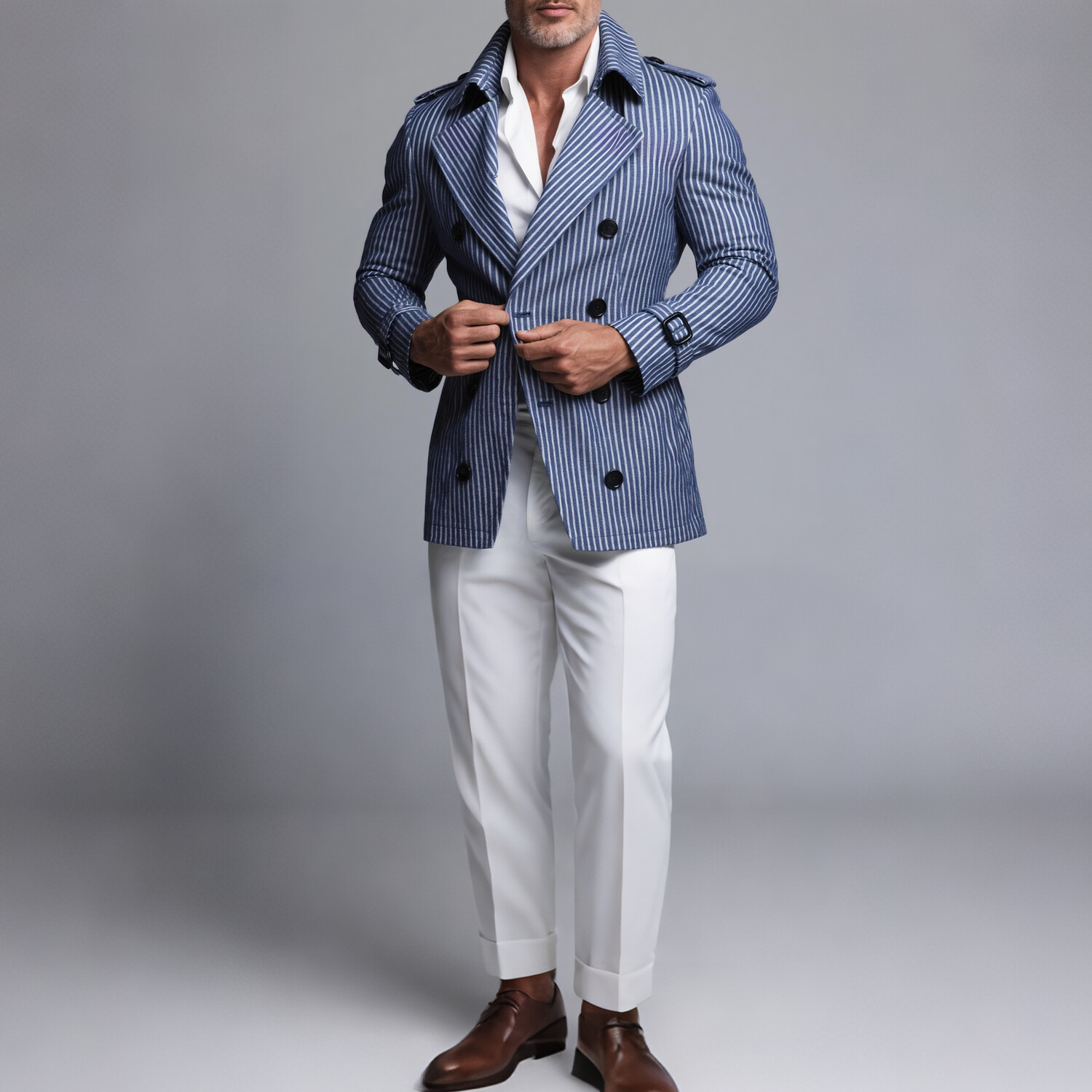 Men's Lapel Collar Double Breasted Blue And White Striped Trench Coat