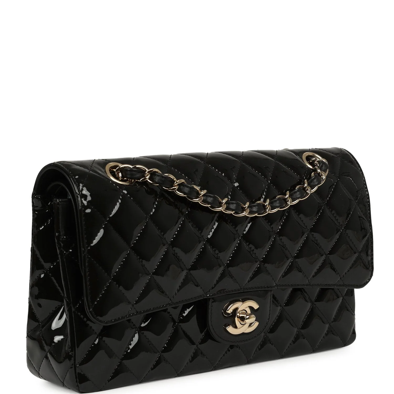 CHANEL Medium Classic Double Flap Bag Black Patent Light Gold Hardware