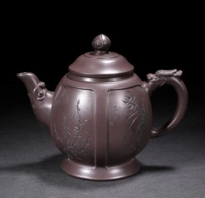 Jinding Signed Old Chinese Handmade Yixing Zisha Teapot w/bamboo N2112
