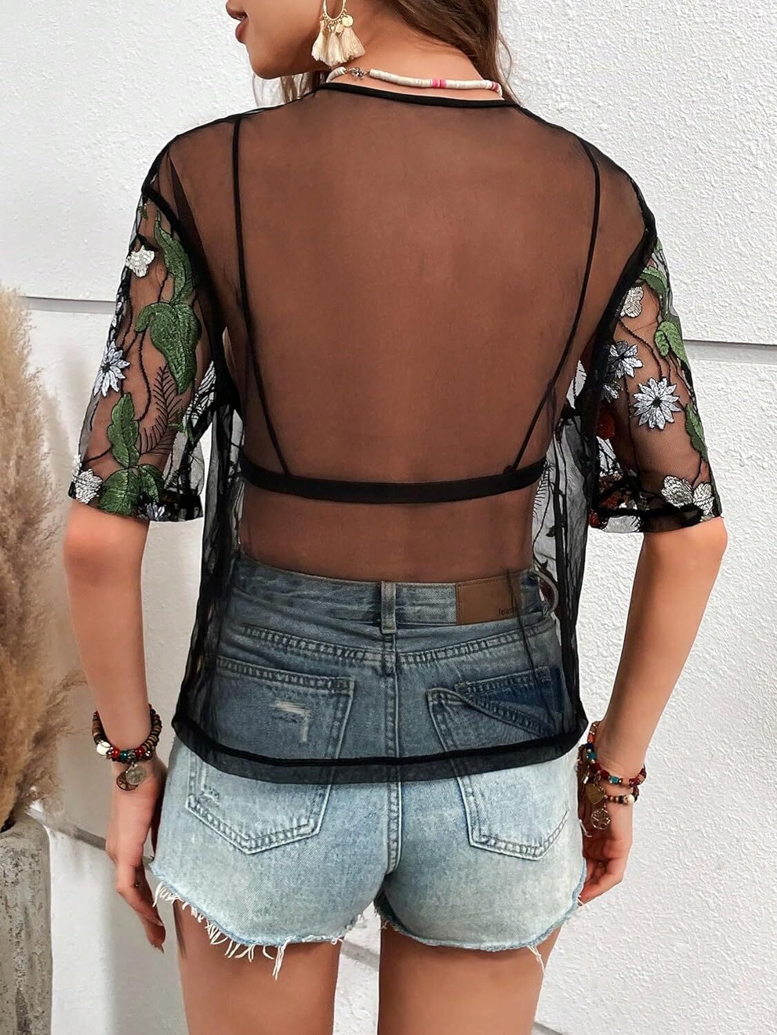 MakeMeChic Women's Summer Short Sleeve Tops See Through Mesh Sheer Sexy T Shirt Blouse