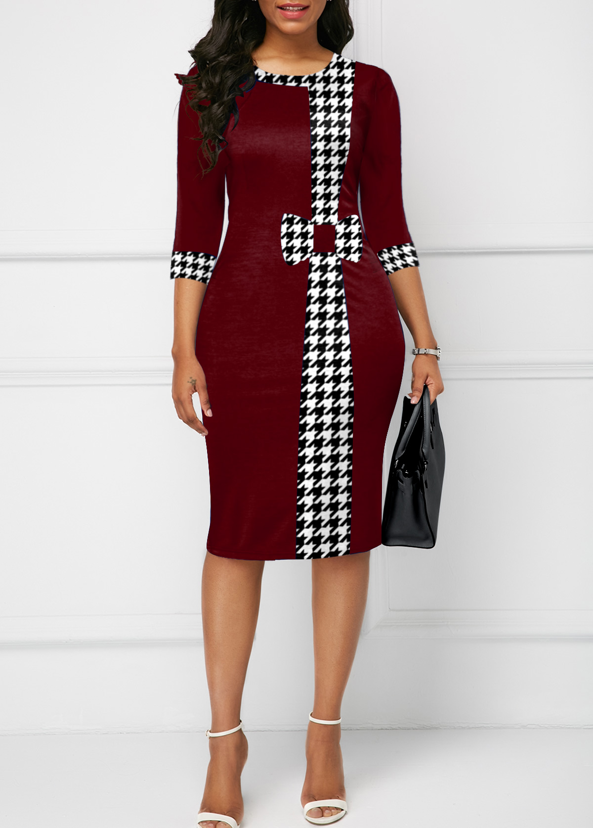 Houndstooth Print Bowknot Bodycon Dress