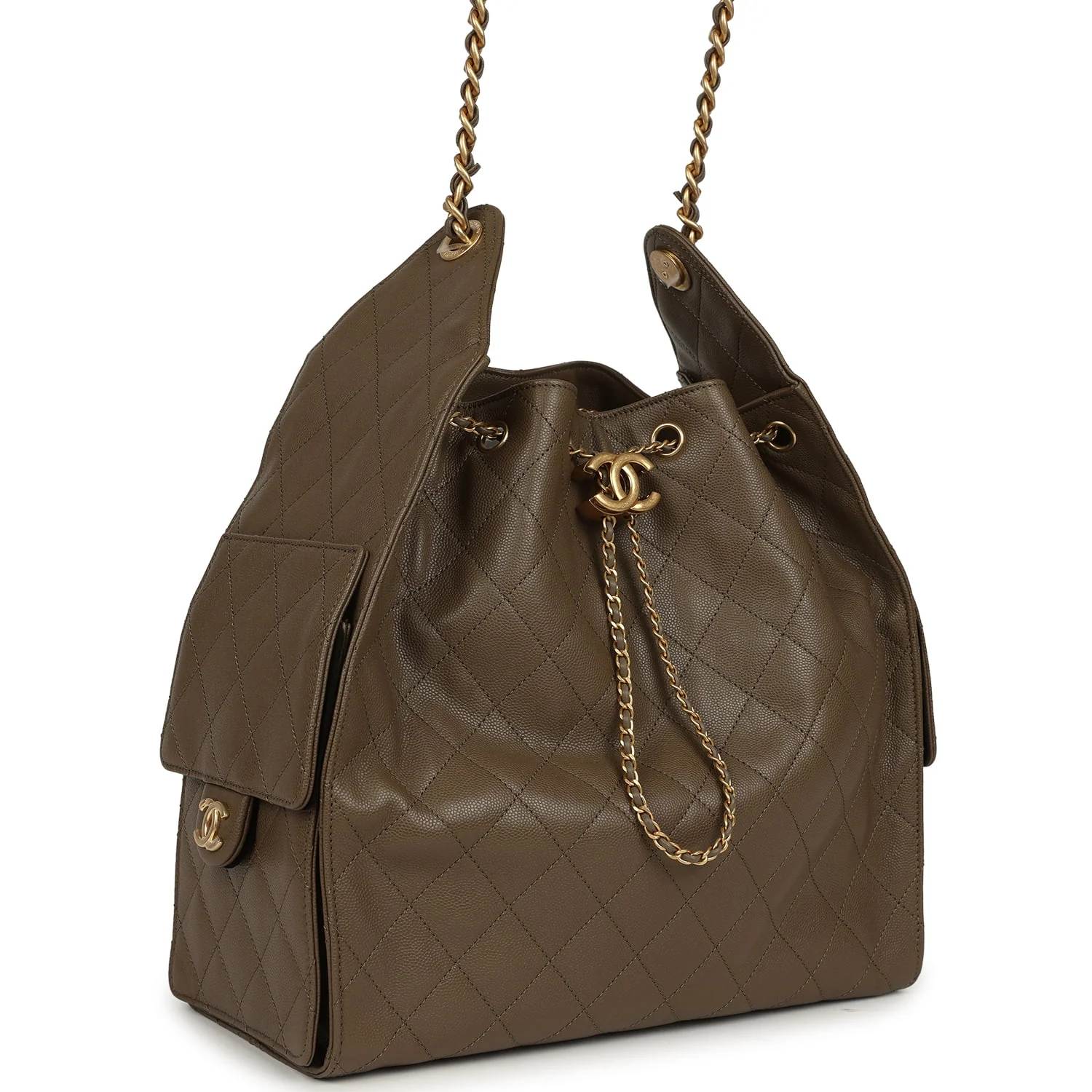 CHANEL Medium 25 Hobo Bag Dark Khaki Caviar Antique Gold Hardware