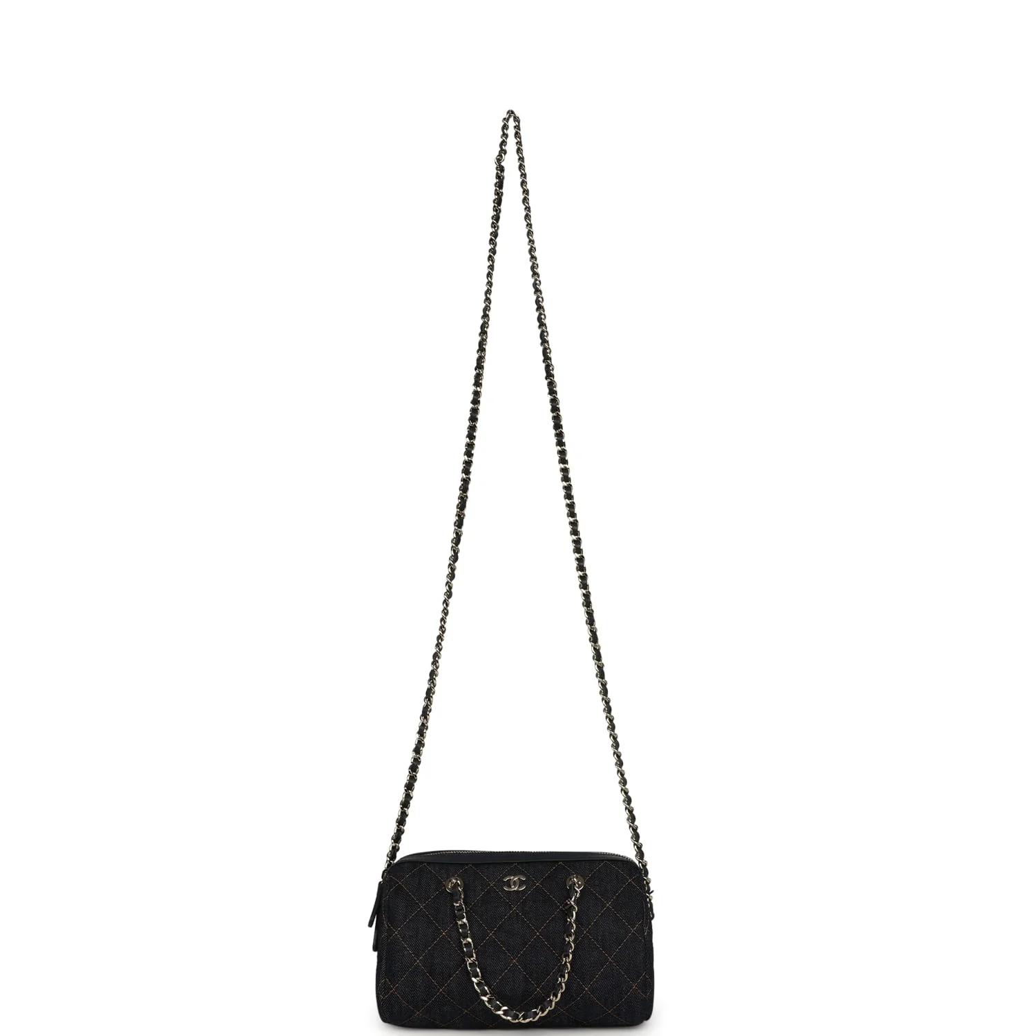 Chanel Mini Timeless Classic Barrel Bag with Chain Dark Blue Denim Light Gold Hardware