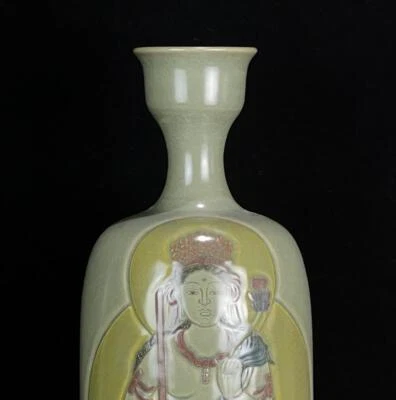 40CM Yuanyou Signed Old Chinese Yue Kiln Vase w/Guanyin Buddha N891