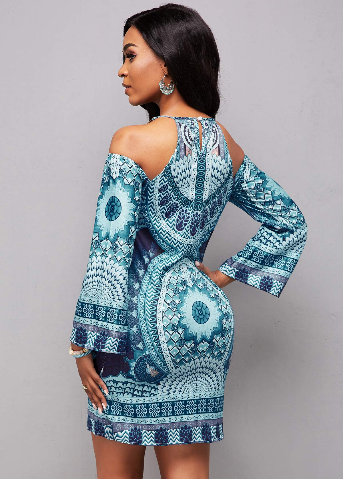 Long Sleeve Bib Neck Tribal Print Bodycon Dress