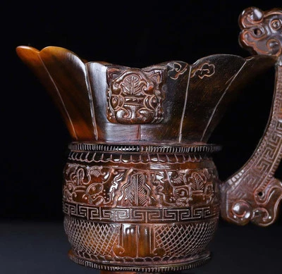 Qianlong Signed Old Chinese Cow Statue Cup w/dragon N4203