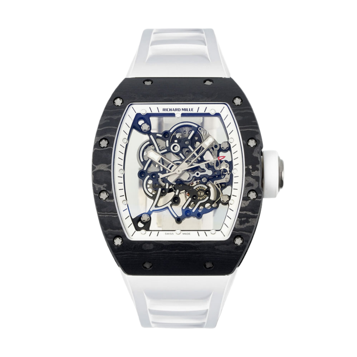【7A Quality】Richard Mille RM055 Skeleton Swiss Replica, Titanium Carbon Fiber Case, White Rubber Strap