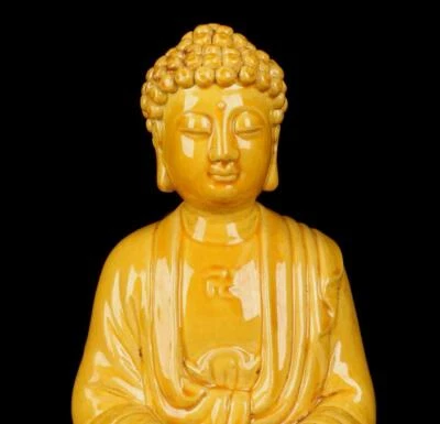 Qianlong Signed Old Chinese Yellow Glaze Statue W/Buddha N1484