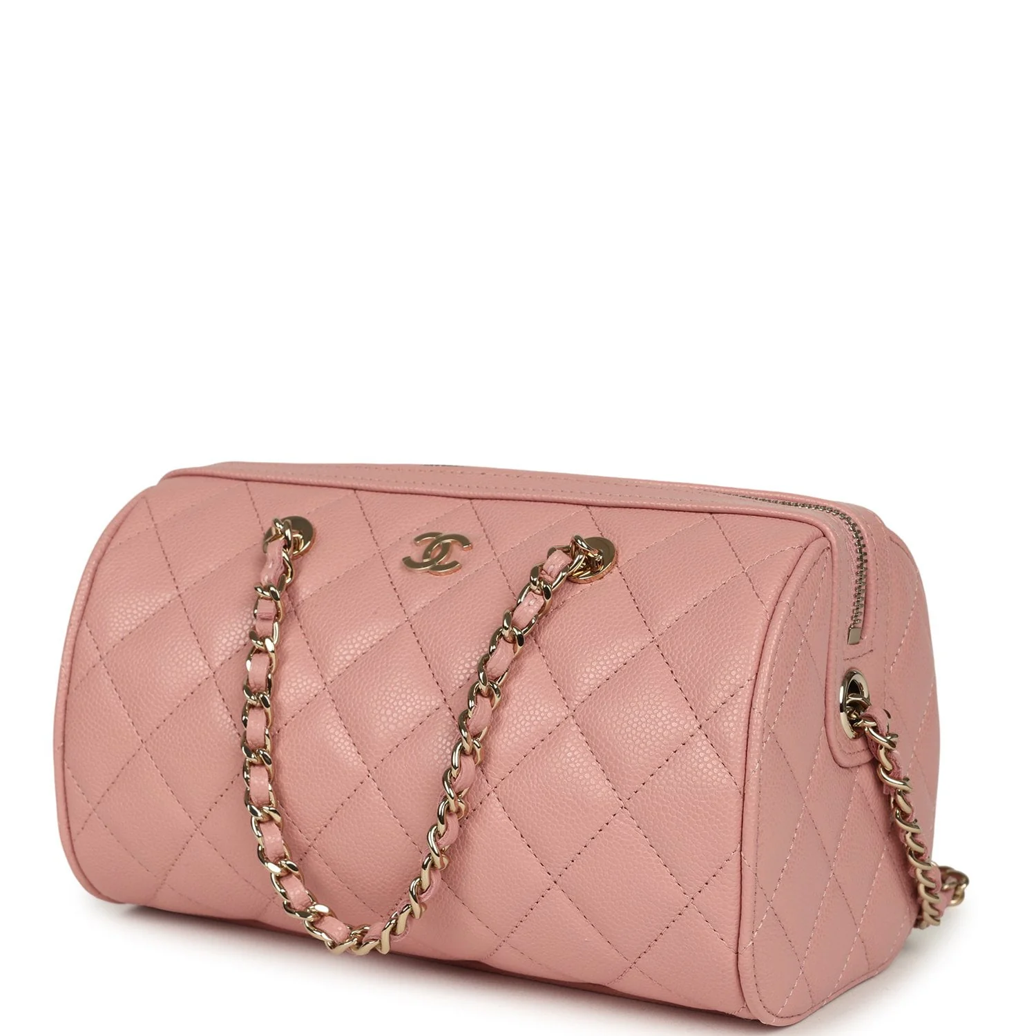 Chanel Mini Timeless Classic Barrel Bag with Chain Pink Shiny Caviar Light Gold Hardware