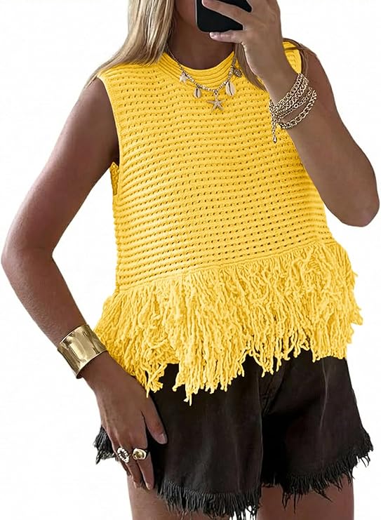 Womens Crochet Crop Tank Tops Sleeveless Fringe Crew Neck Trendy Boho Knit Summer Sweater Vest