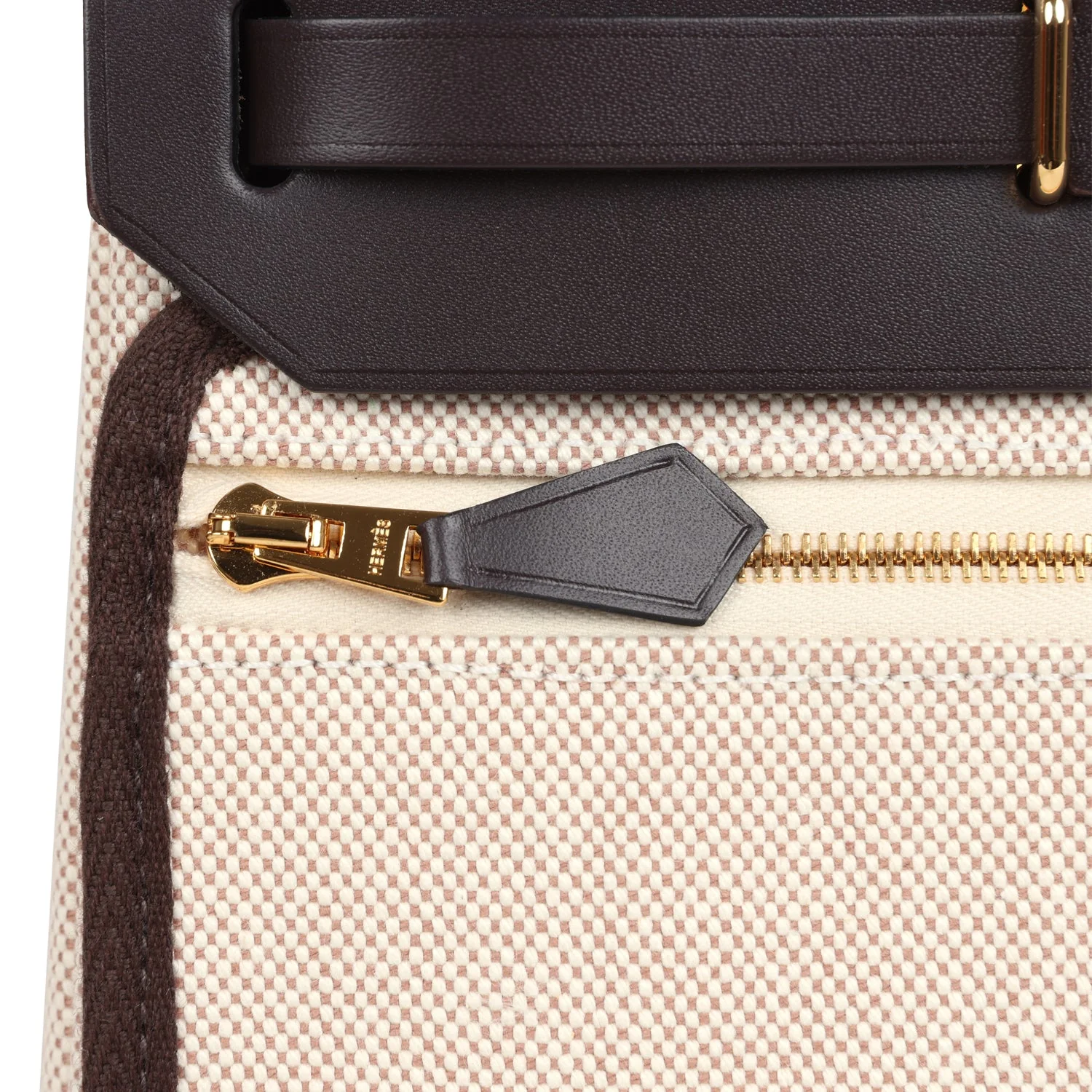 Hermes Herbag Zip 20 Mini Ecru, Beige Toile H Canvas, Ebene Vache Hunter Gold Hardware