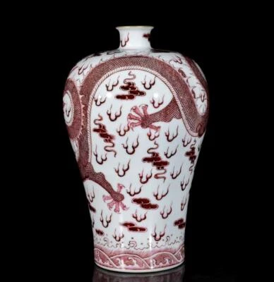 34CM Qianlong Signed Old Chinese Carmine Red Glaze Vase w/dragon N3746