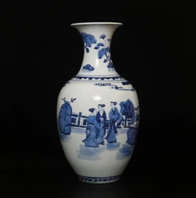 39CM Qianlong Signed Old Chinese Blue & White Porcelain Vase w/figure