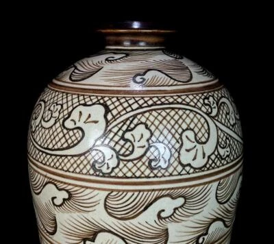 32CM Signed Old Chinese Cizhou Kiln Vase w/pattern N620