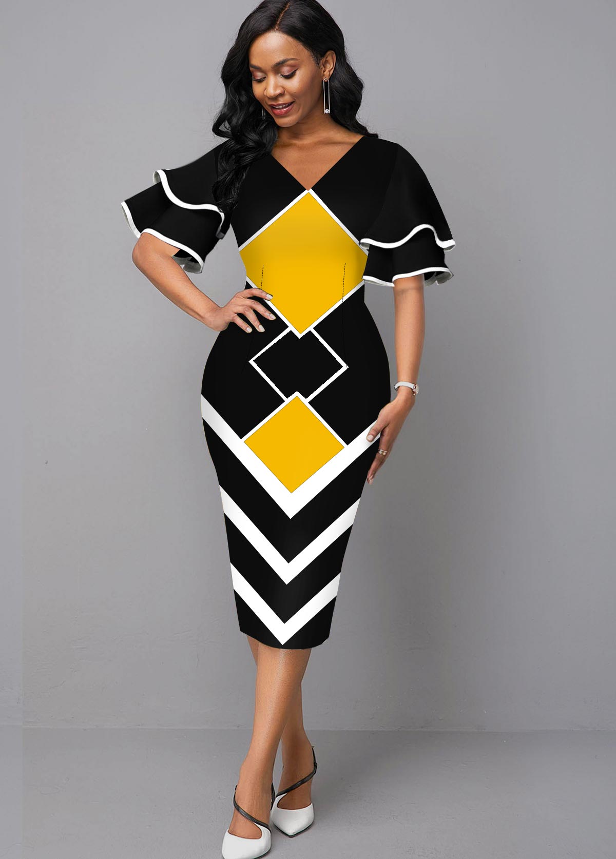 Geometric Print V Neck Sheath Dress