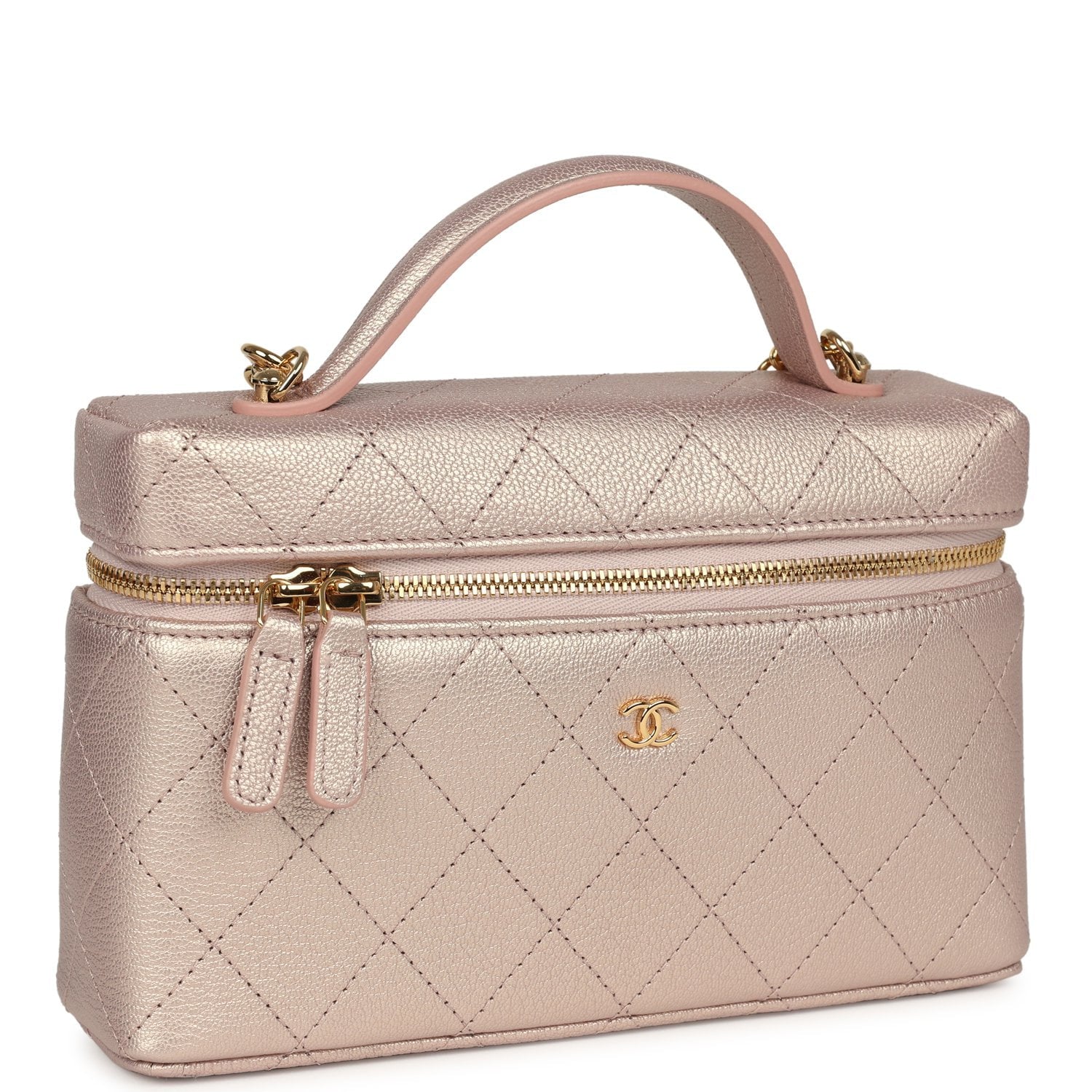 Chanel Top Handle Long Vanity Case with Chain Pink Iridescent Grained Goatskin Gold Hardware