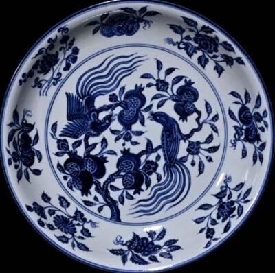 40CM Xuande Signed Old Chinese Blue and White Dish Plate W/bird N1993