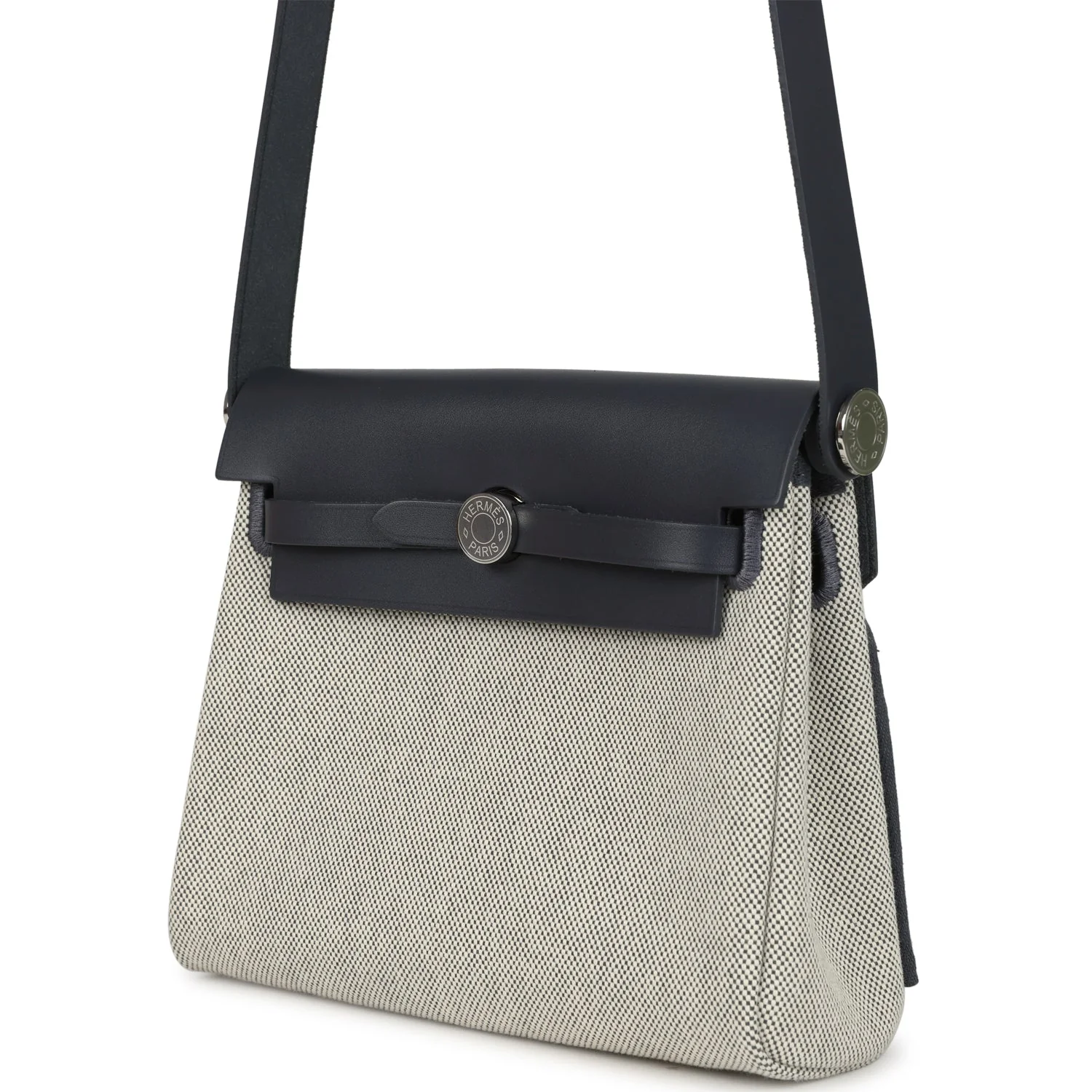 Hermes Herbag Zip 20 Mini Ecru, Ardoise Toile H Canvas, Ardoise Vache Hunter Palladium Hardware