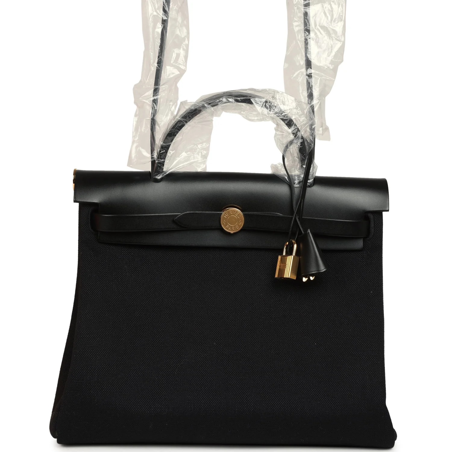 Hermes Herbag Zip 31 PM Black Toile Militaire Canvas, Vache Hunter Gold Hardware