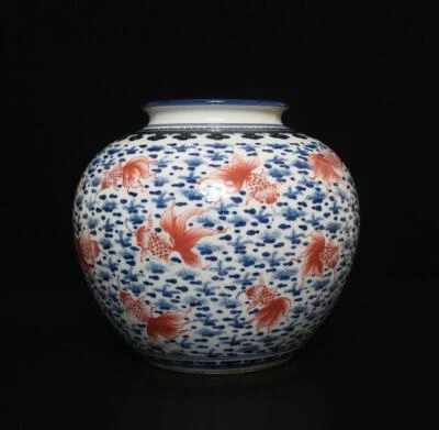 Qianlong Old Signed Antique Chinese Blue & White Porcelain Pot Vase w/ fish