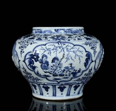 28CM Old Chinese Blue and White Pot W/figure N3113