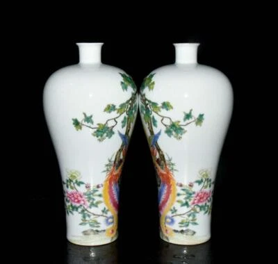 Yongzheng Signed Pair Old Chinese Famille Rose Vase W/phoenix N3058
