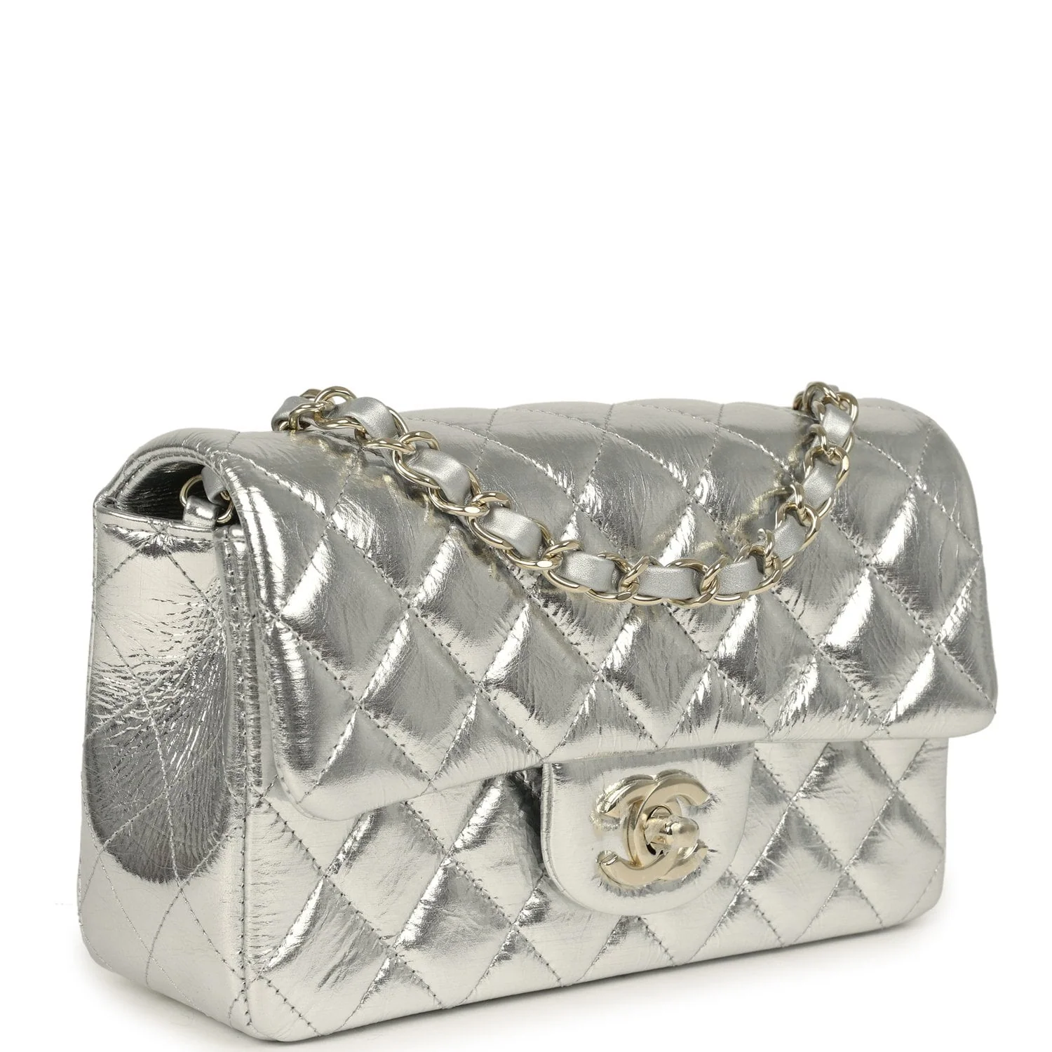 CHANEL Mini Classic Rectangular Flap Bag Silver Metallic Crumpled Calfskin Light Gold Hardware