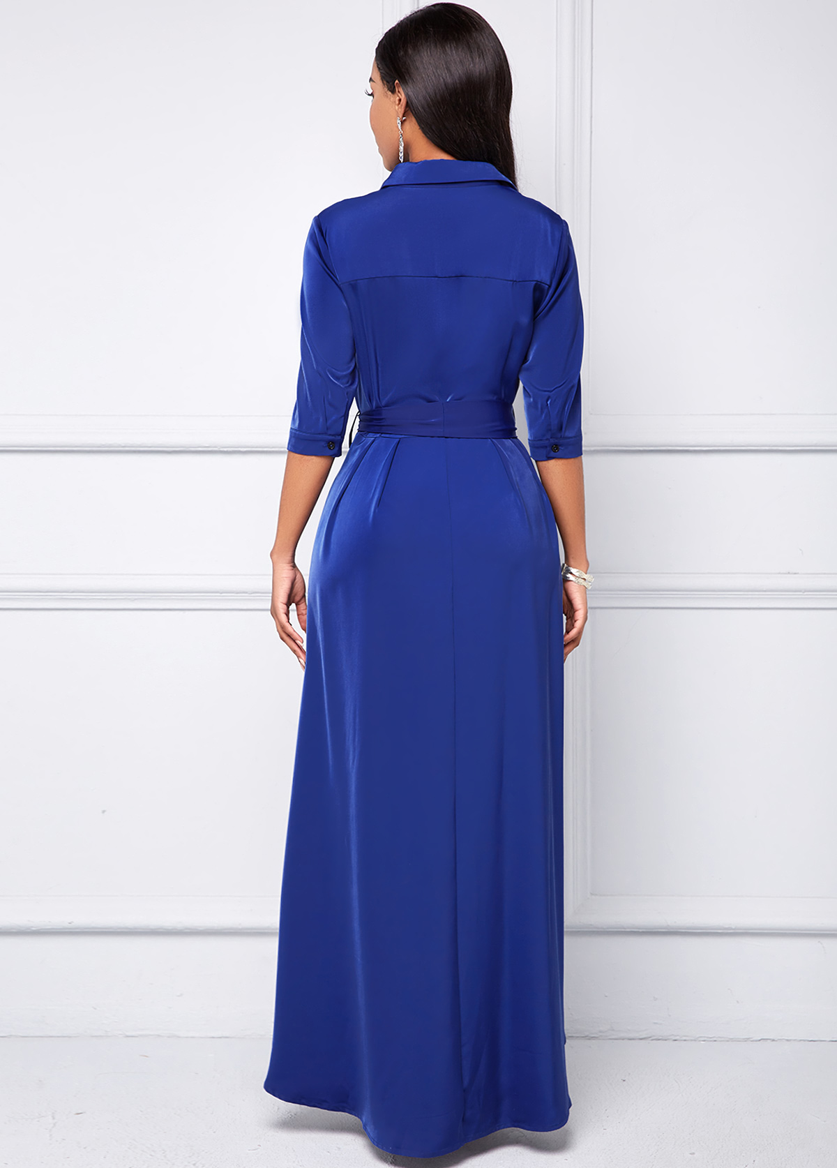 Button Up Turndown Collar Belted High Low Dress