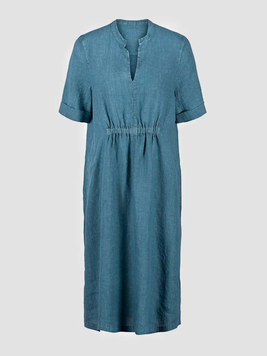 Cotton-Linen V-neck Elastic Waistband Dress