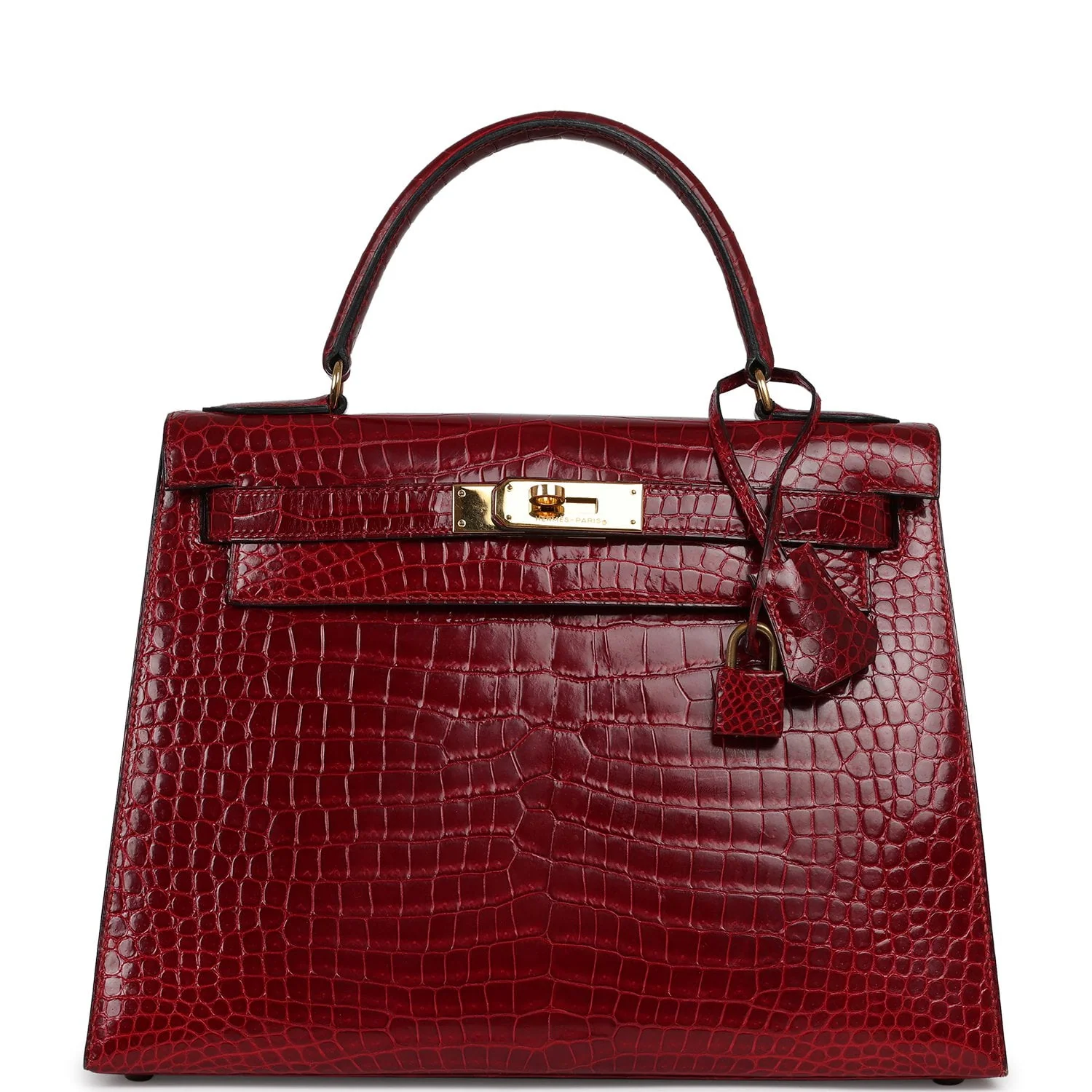 HERMÈS Kelly Sellier 28 Bordeaux Shiny Porosus Crocodile Gold Hardware